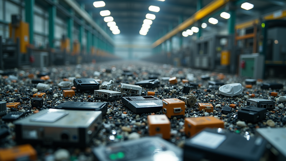 Close-up view of a recycling facility with electronic waste being processed