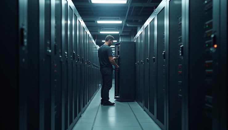 Eye-level view of a technician working on a server rack in a data center