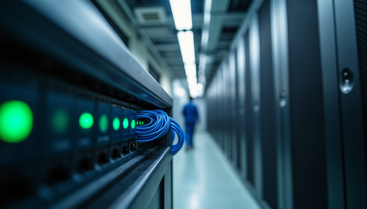 Eye-level view of a technician installing Ethernet cables inside a commercial building in Gilbert