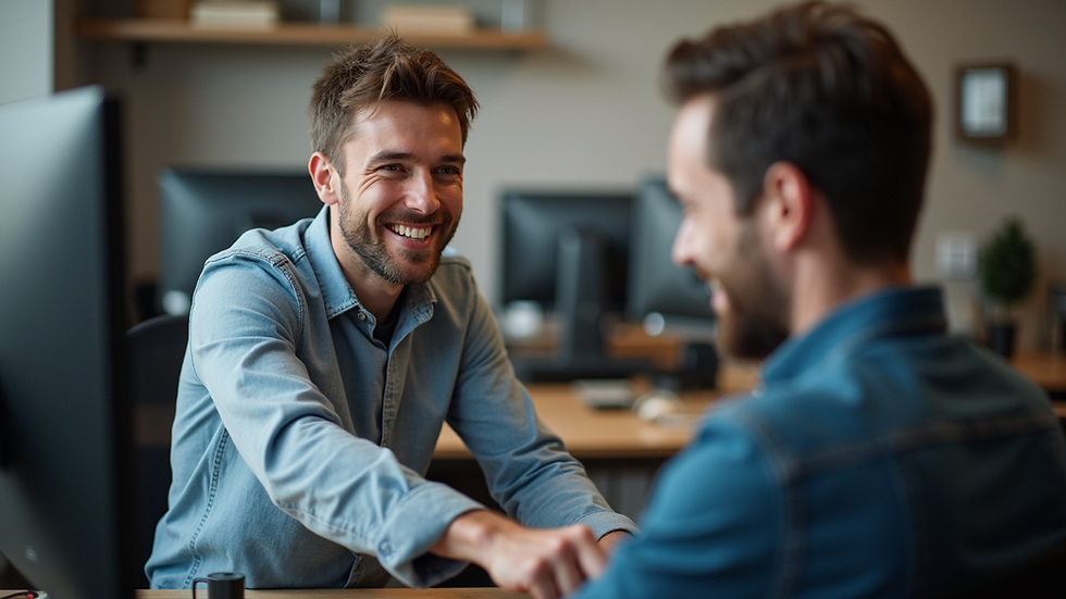 High angle view of a satisfied customer picking up a repaired computer