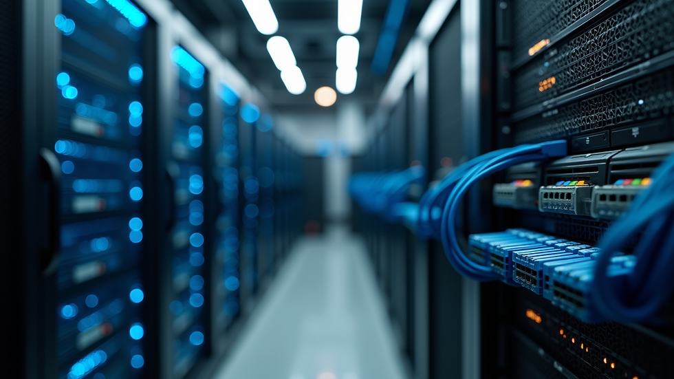 Close-up view of a server room with organized network cables