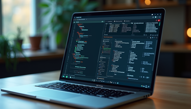High angle view of a laptop on a desk with diagnostic software running on screen