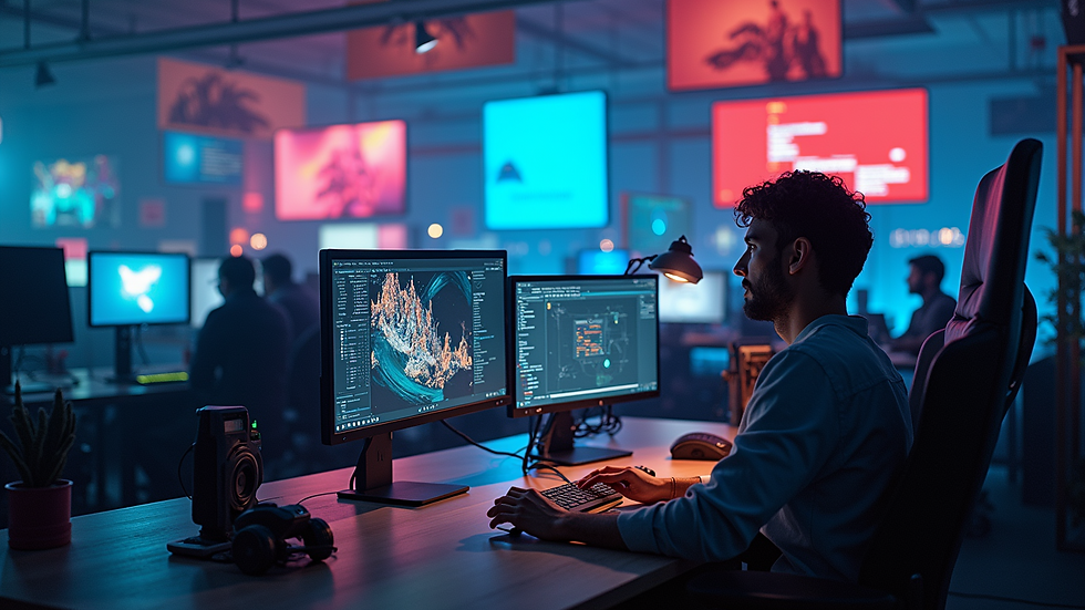 High angle view of a vibrant tech workspace