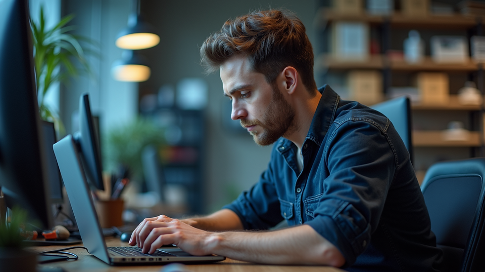 Close-up view of a technician working on a laptop