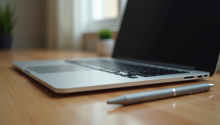 Eye-level view of a sleek refurbished laptop on a wooden desk