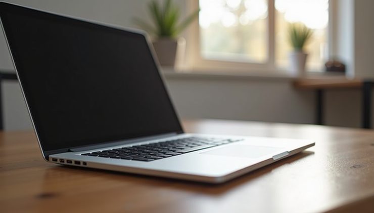 Eye-level view of a sleek laptop on a wooden desk ready for sale
