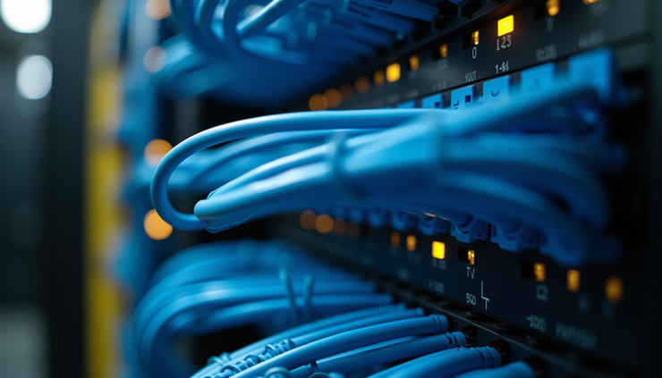 Eye-level view of neatly organized structured cabling panel in a server room