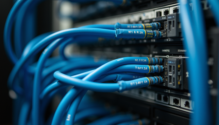 Eye-level view of a neatly organized structured cabling panel with labeled cables