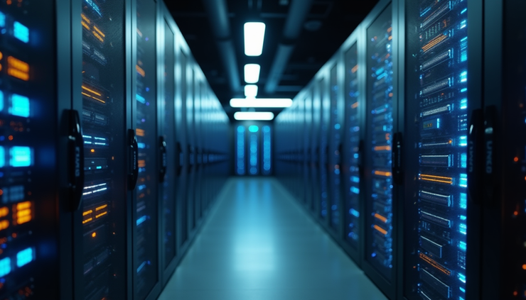 Eye-level view of a modern server rack with blinking lights in a Scottsdale office