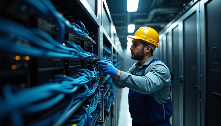 Eye-level view of a technician installing structured network cabling in a server room