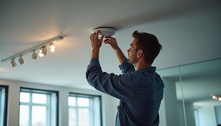 High angle view of a technician installing a wireless access point on a ceiling