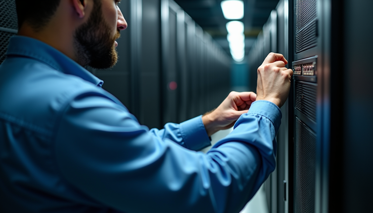Close-up view of a technician configuring a network switch