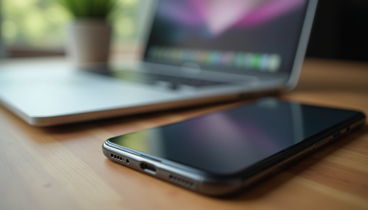 Eye-level view of a smartphone and laptop on a wooden table ready for sale