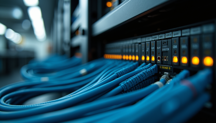 High angle view of neatly labeled data cables in a Scottsdale office rack
