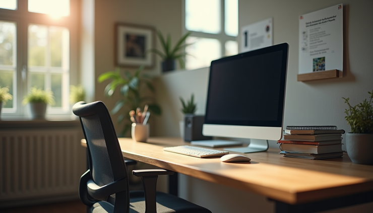 Eye-level view of a neatly arranged refurbished desktop computer on a wooden desk