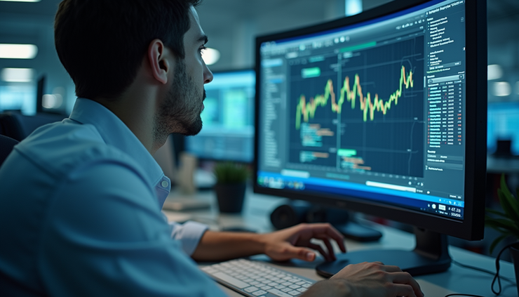Eye-level view of a technician working on a computer with data recovery software