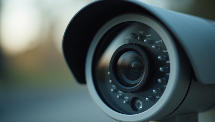 Close-up view of a security camera lens with a clear focus on the device