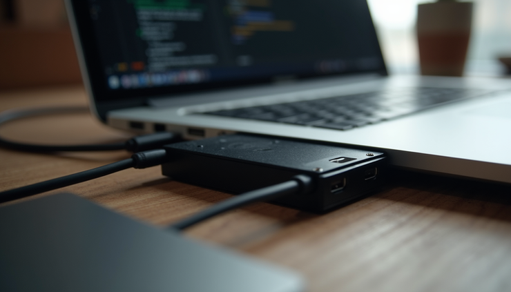 Eye-level view of an external hard drive connected to a laptop