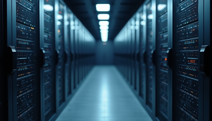 High angle view of a cloud server rack with blinking lights
