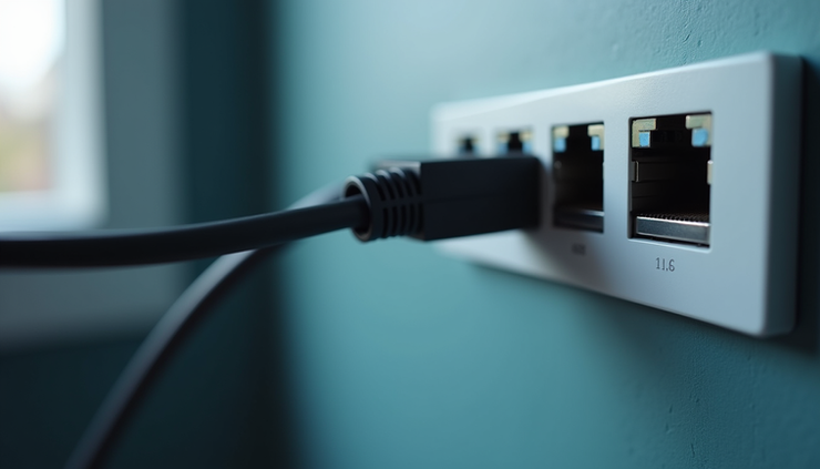 Close-up view of a high-quality Ethernet cable connector plugged into a network port