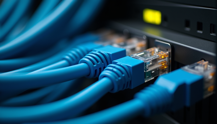 Close-up view of Ethernet cables neatly organized in a server rack