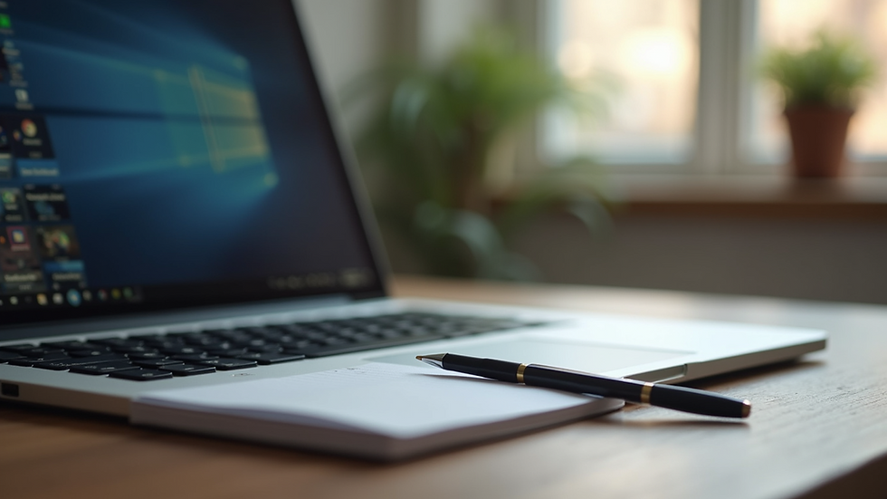 Close-up view of a laptop on a desk with a notepad