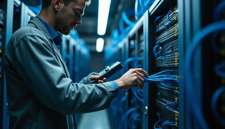 Close-up view of technician testing network cables with specialized equipment