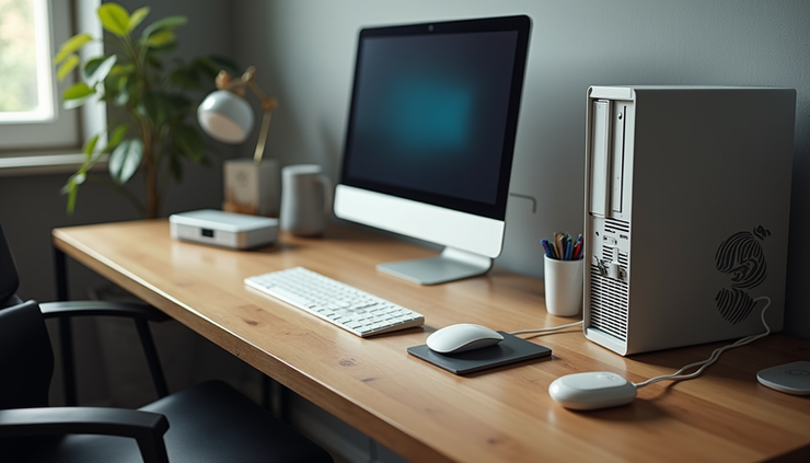 High angle view of a clean and organized workspace with a refurbished desktop computer setup