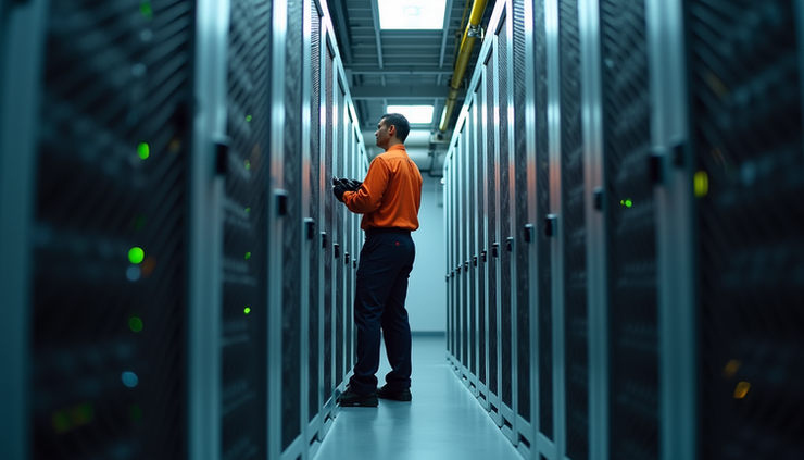 Eye-level view of a technician installing structured cabling in a commercial building
