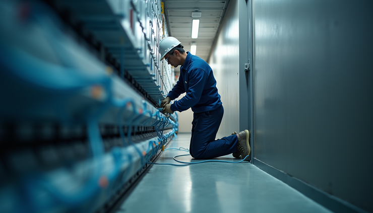 Eye-level view of a technician installing VOIP cables in a commercial building