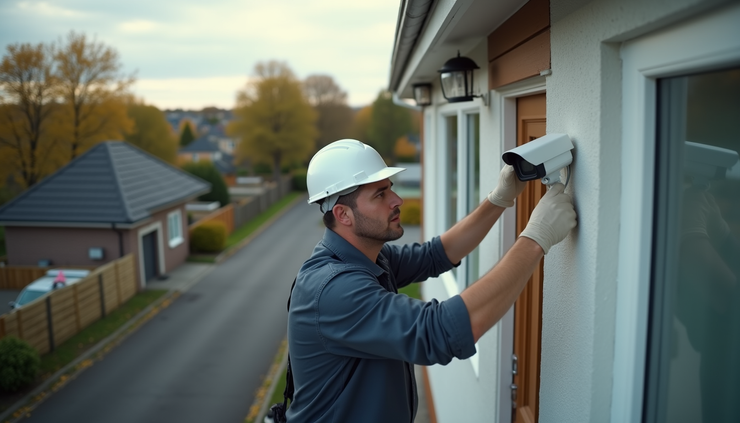 High angle view of a technician installing a security camera on a residential property