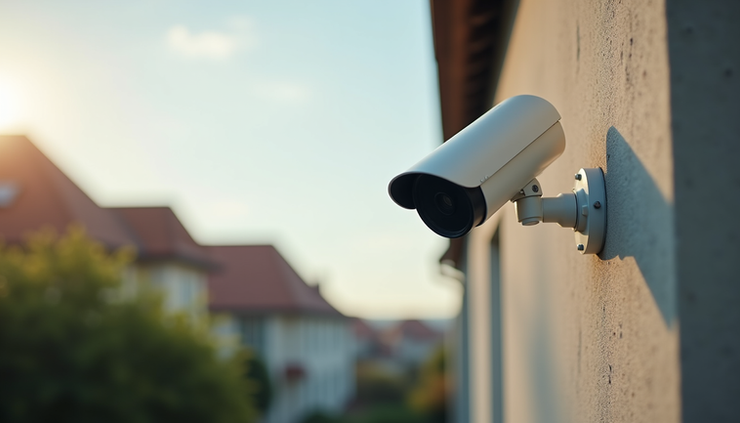 Eye-level view of a security camera mounted on a residential exterior wall