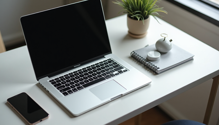 High angle view of a refurbished laptop with accessories on a clean desk