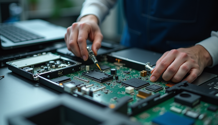 Close-up view of a technician dismantling a computer for recycling