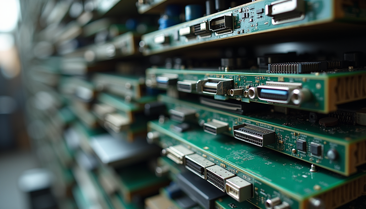 Eye-level view of a collection of old computer parts ready for recycling
