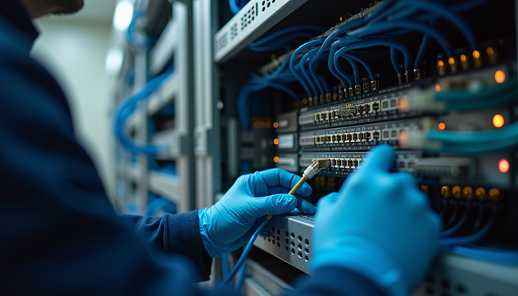 Eye-level view of a technician installing Ethernet cables in a structured wiring panel