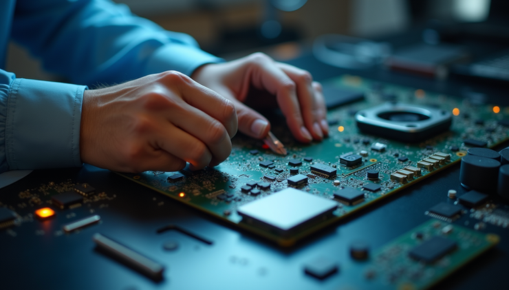 High angle view of a technician inspecting a laptop motherboard during refurbishment