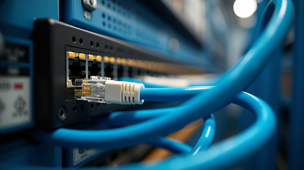 Eye-level view of a network installation with CAT 6 cables neatly organized