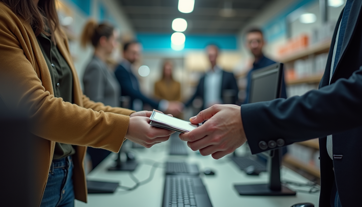 High angle view of a customer receiving payment for a computer sale