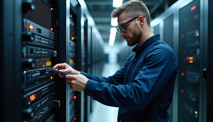 Eye-level view of a technician working on a RAID storage system