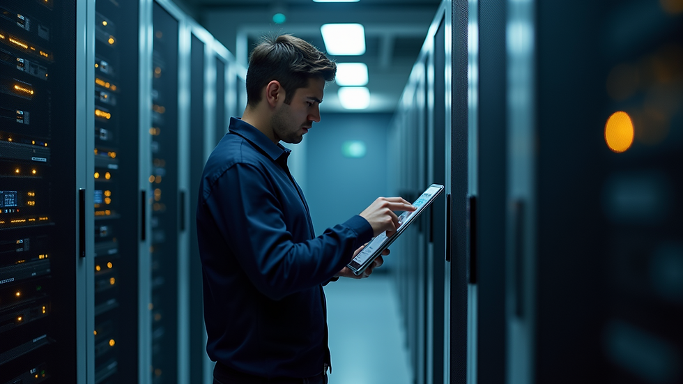 Close-up view of a technician examining network cables in a server room
