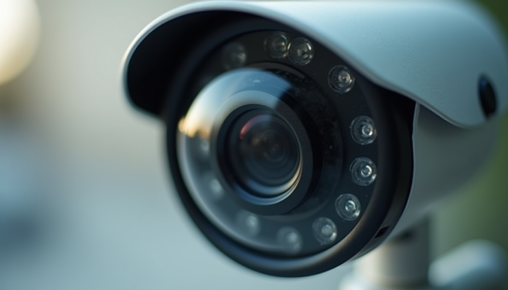 Close-up view of a security camera lens with clear focus