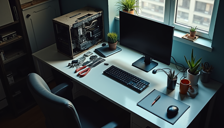 High angle view of a clean and organized computer repair workstation with tools and parts
