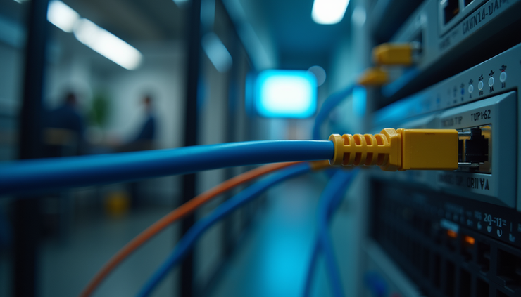 Close-up view of a technician connecting Ethernet cable to a wireless access point