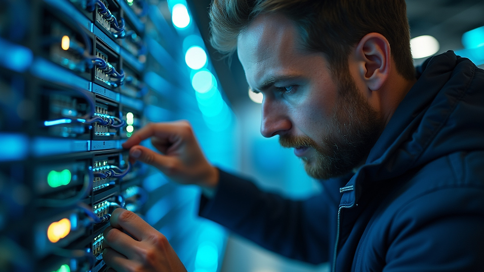 Eye-level view of a technician inspecting network cables