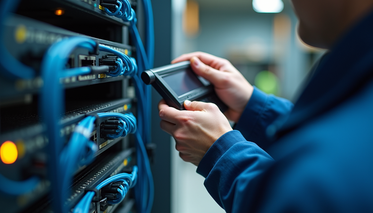 Close-up view of technician testing structured cabling connections