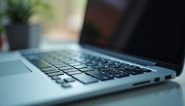 Close-up view of a laptop keyboard and screen being prepared for resale