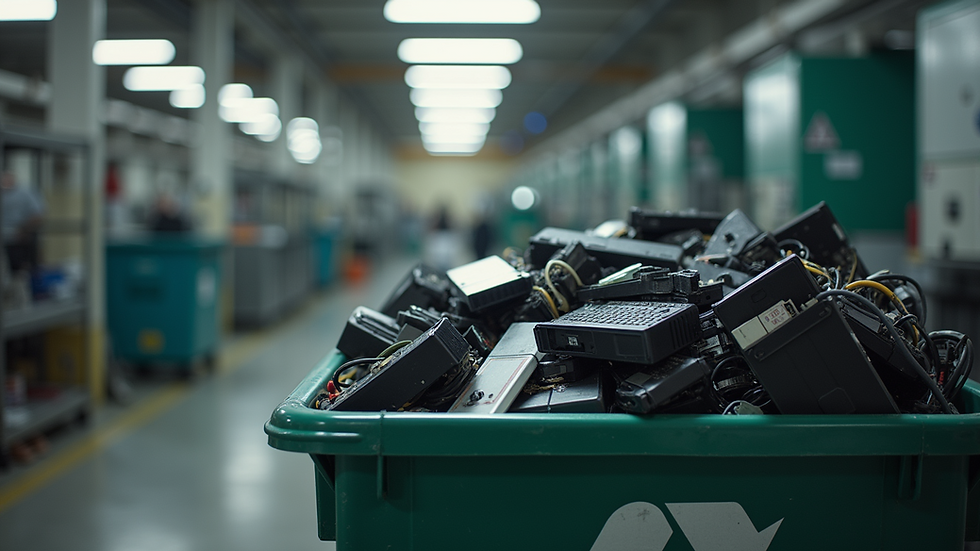 Eye-level view of a recycling bin filled with electronic waste