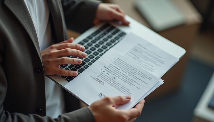 High angle view of a customer receiving a refurbished laptop with warranty documents at Desert Computer Solutions
