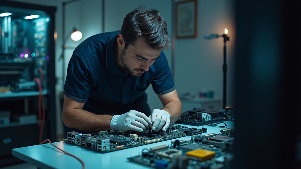 Close-up view of a computer motherboard being repaired